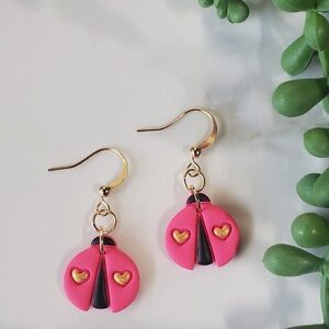 Pink and Gold Ladybug Earrings with Gold Heart accents